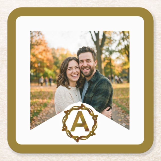 Personalized Artisan Monogram A | Wood Frame Square Paper Coaster (Front)