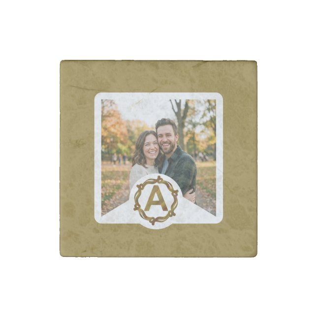 Personalized Artisan Monogram A | Wood Frame Stone Magnet (Front)