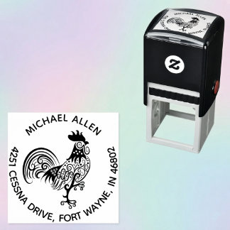Personalized Artistic Rooster Round Return Address Self-inking Stamp