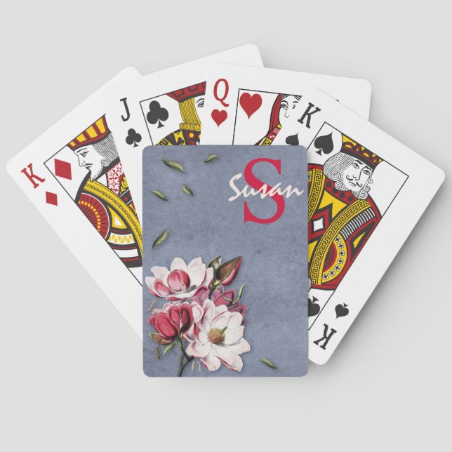 Personalized Artsy Botanicals Stamped Blue Poker Cards (Back)