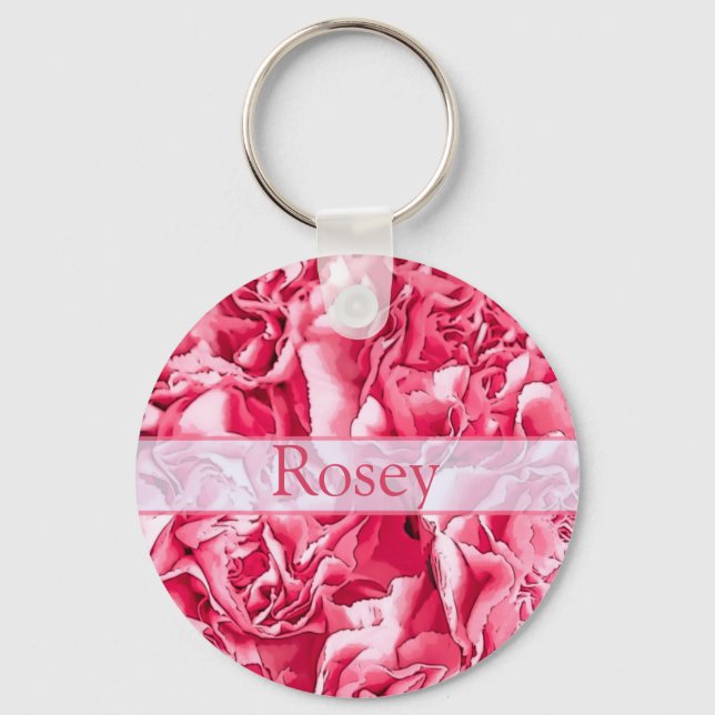 Personalized Artsy Pink Rose Name Keychain (Front)