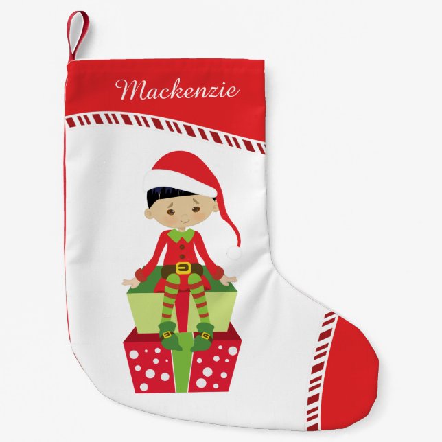 Personalized Asian Girl Elf Small Christmas Stocking (Front)