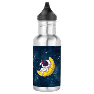 Personalized Astronaut on Moon with Rocket Stainless Steel Water Bottle