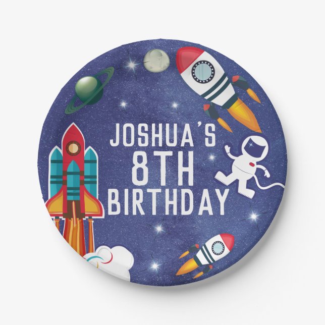 Personalized Astronaut Outer Space Birthday Party Paper Plates (Front)
