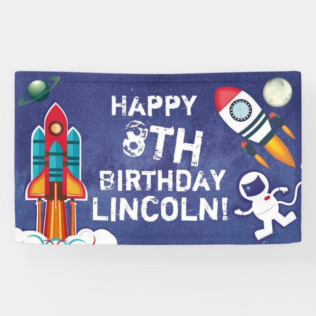 Personalized Astronaut Outer Space Happy Birthday Banner (Horizontal)