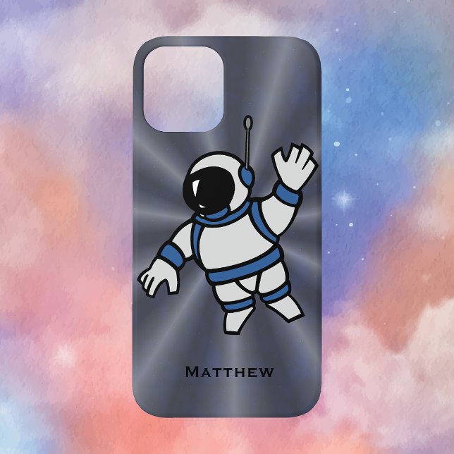 Personalized Astronaut with Blue Accents in Space Case-Mate iPhone Case (Cartoon Astronaut with Blue Accents Floating in Space with Custom Text Line Phone Case)