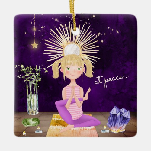 Personalized At Peace Yoga Blond Girl Christmas Ceramic Ornament