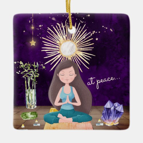 Personalized At Peace Yoga Brunette Girl Christmas Ceramic Ornament
