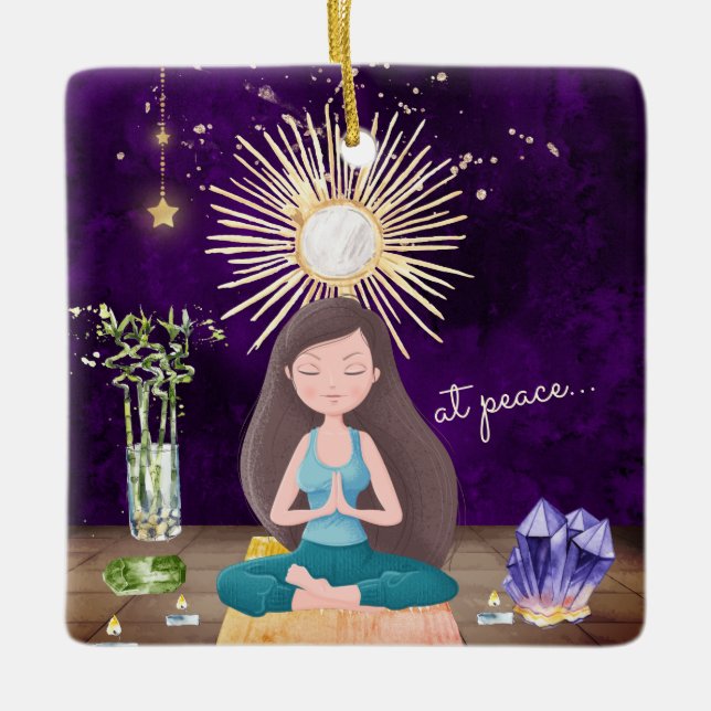 Personalized At Peace Yoga Brunette Girl Christmas Ceramic Ornament (Front)