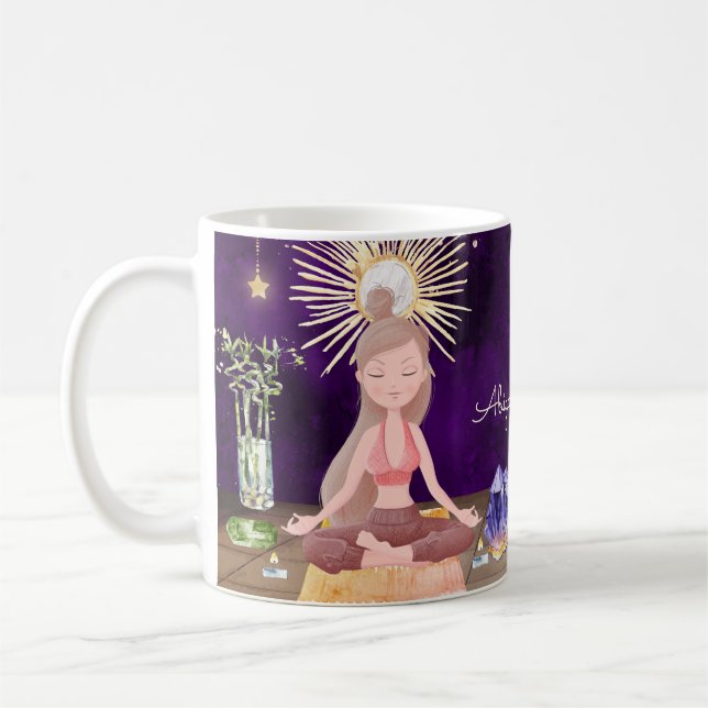 Personalized At Peace Yoga Girl and Crystals Coffee Mug (Left)