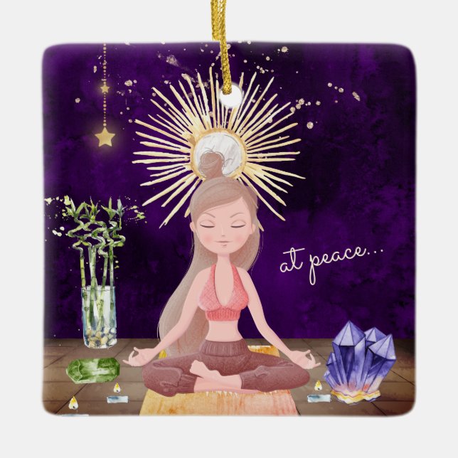 Personalized At Peace Yoga Girl Christmas Ceramic Ornament (Front)