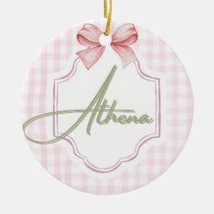 Personalized Athena Baby Girl Nursery Bow&Gingham Ceramic Ornament