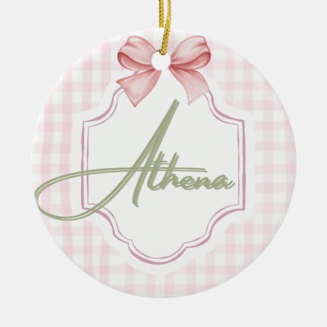 Personalized Athena Baby Girl Nursery Bow&Gingham Ceramic Ornament (Front)