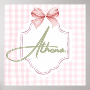 Personalized Athena Baby Girl Nursery Bow&Gingham Poster