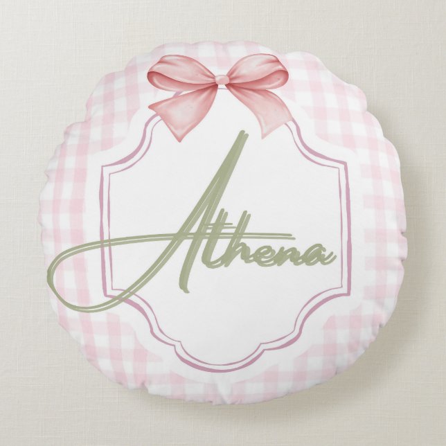 Personalized Athena Baby Girl Nursery Bow&Gingham Round Pillow (Front)