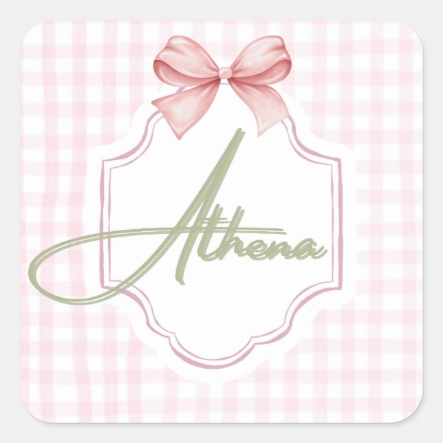 Personalized Athena Baby Girl Nursery Bow&Gingham Square Sticker (Front)