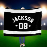 Personalized Athlete Name and Number Black Fleece Blanket<br><div class="desc">Personalized sports fleece blanket for athletes features a first or last name in curved sporty lettering along with a team number. Wide horizontal stripes and stars accent this simple and stylish design. The color scheme of black and white can be modified to coordinate with your club or school colors.</div>