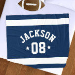 Personalized Athlete Name and Number Navy Blue Fleece Blanket<br><div class="desc">Personalized sports fleece blanket for athletes features a first or last name in curved sporty lettering along with a team number. Wide horizontal stripes and stars accent this simple and stylish design. The color scheme of navy blue and white can be modified to coordinate with your club or school colors....</div>