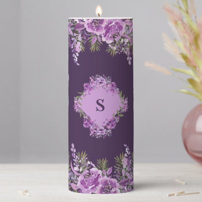 Personalized Aubergine Floral Fantasy  Pillar Candle (In Situ)