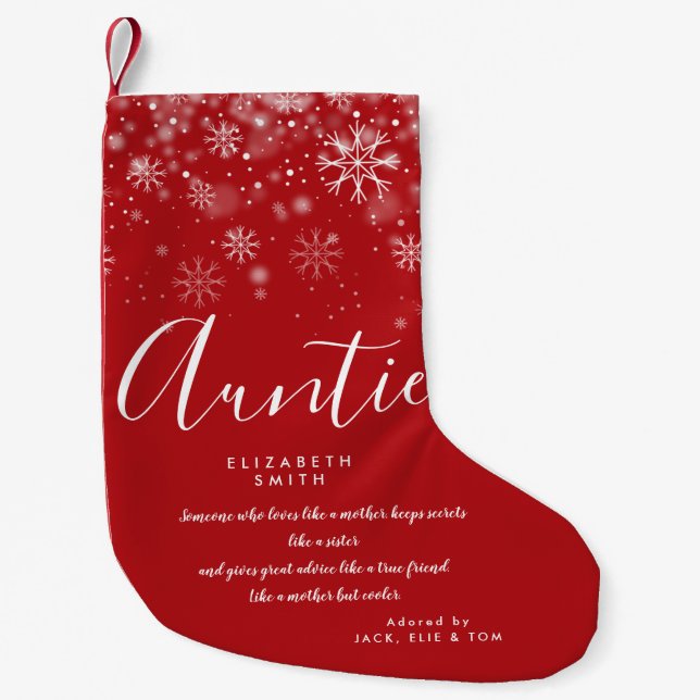 Personalized Auntie Quote Holiday Snowflakes  Small Christmas Stocking (Front)