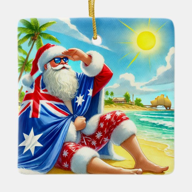 Personalized Australian Santa on Beach Christmas  Ceramic Ornament (Front)