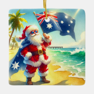 Personalized Australian Santa on Beach Christmas Ceramic Ornament