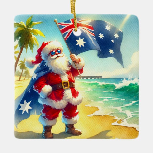 Personalized Australian Santa on Beach Christmas  Ceramic Ornament (Front)