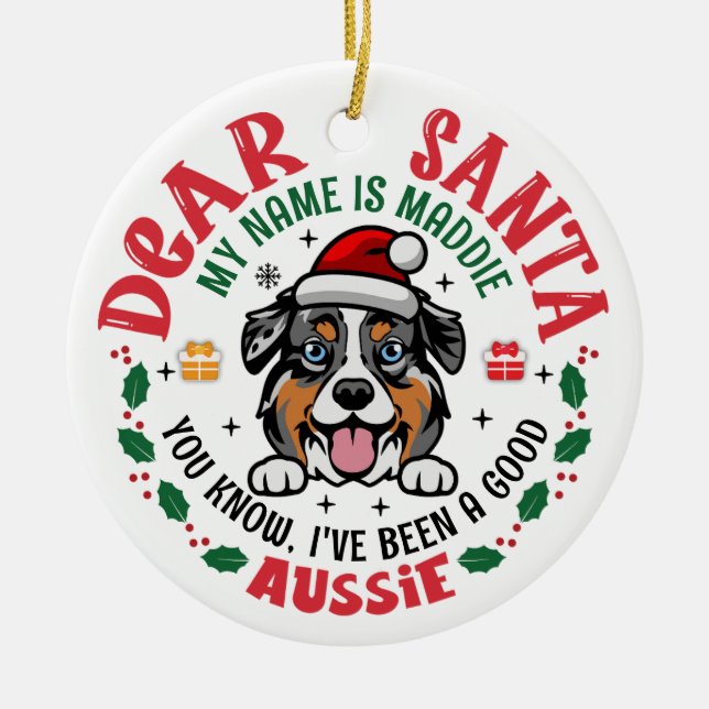 Personalized Australian Shepherd Dog Christmas Ceramic Ornament (Front)