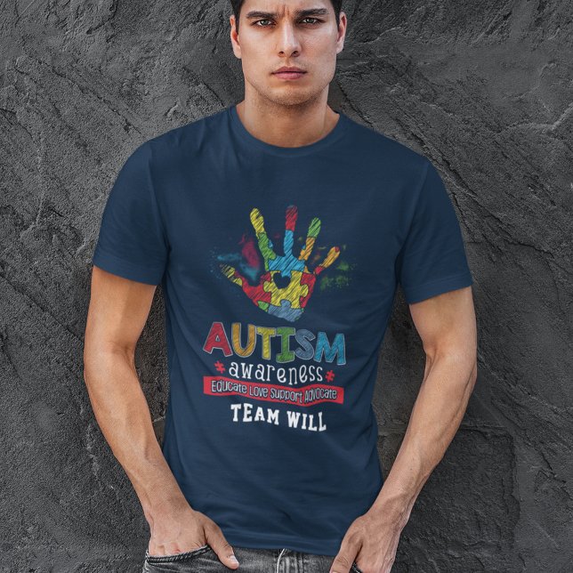 Personalized Autism Awareness Educate Advocate T-Shirt (Autism Awareness Puzzle Hand Navy Blue Mens T-Shirt)