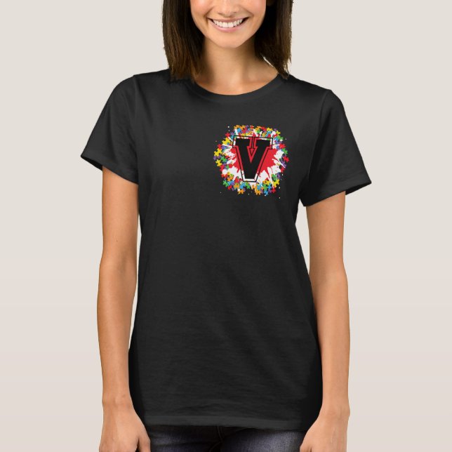 Personalized Autism Awareness Initial V Letter Mon T-Shirt (Front)
