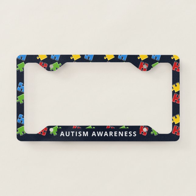 Personalized Autism Blue Yellow Red Green Puzzles License Plate Frame (Front)