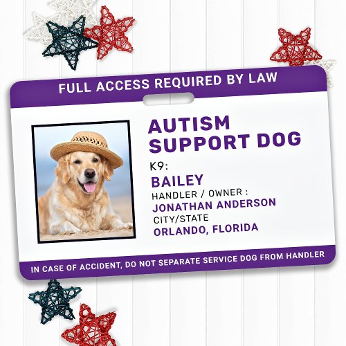 Personalized Autism Support Service Dog ID Photo Badge