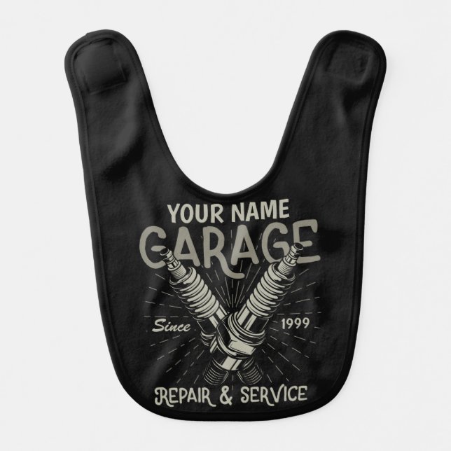 Personalized Auto Mechanic Garage Retro Spark Plug Baby Bib (Front)