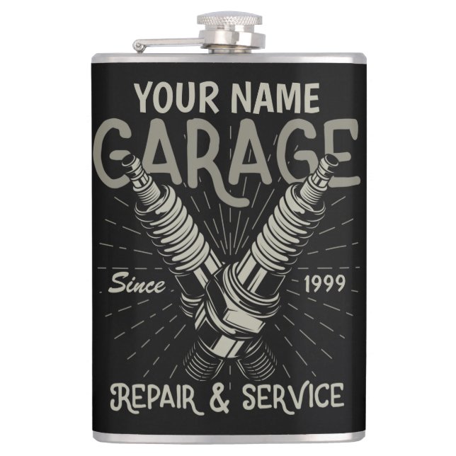 Personalized Auto Mechanic Garage Retro Spark Plug Flask (Front)
