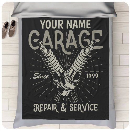Personalized Auto Mechanic Garage Retro Spark Plug Fleece Blanket