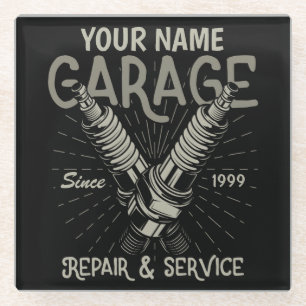 Personalized Auto Mechanic Garage Retro Spark Plug Glass Coaster