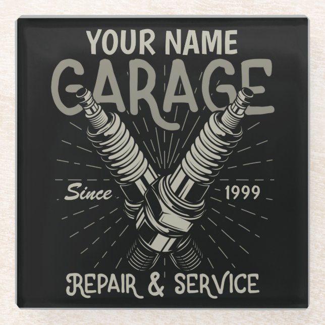 Personalized Auto Mechanic Garage Retro Spark Plug Glass Coaster (Front)