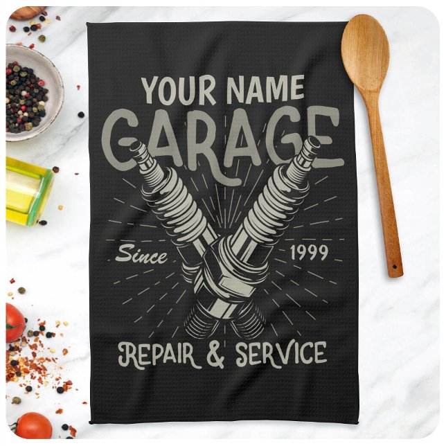Personalized Auto Mechanic Garage Retro Spark Plug Kitchen Towel (Creator Uploaded)