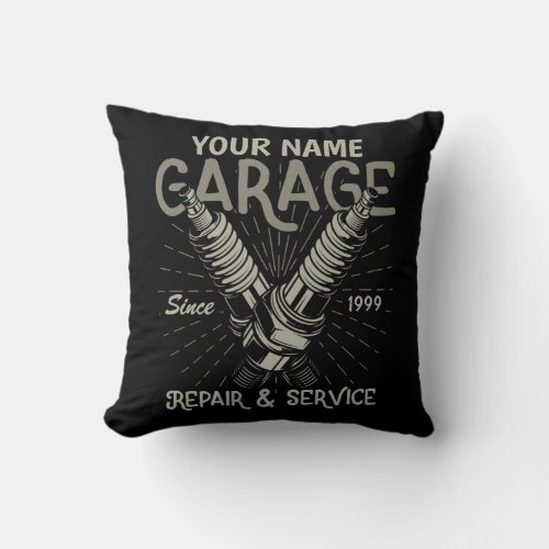 Personalized Auto Mechanic Garage Retro Spark Plug Throw Pillow