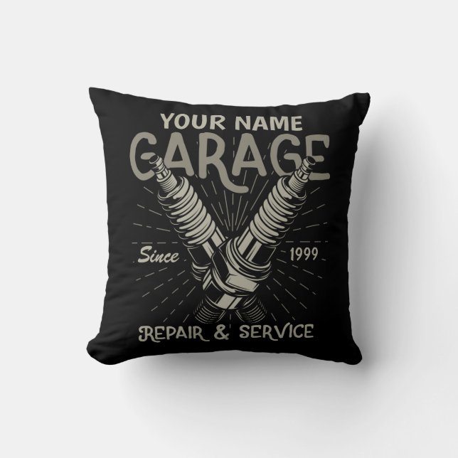 Personalized Auto Mechanic Garage Retro Spark Plug Throw Pillow (Front)