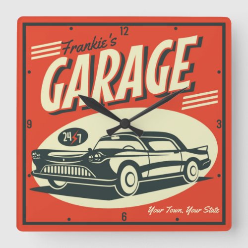 Personalized Auto Mechanic Shop Classic Car Garage Square Wall Clock