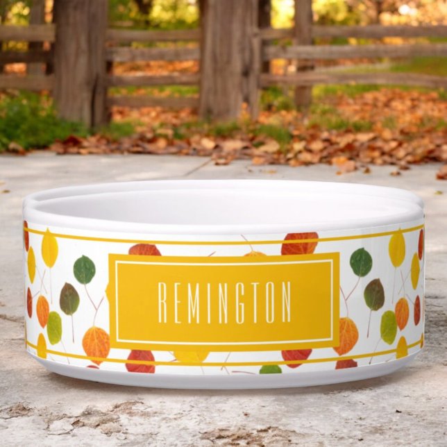 Personalized Autumn Aspen Leaves Pattern Pet Bowl (custom pet bowl front)