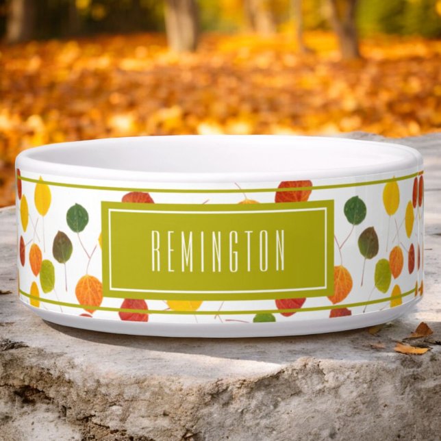 Personalized Autumn Aspen Leaves Pattern Pet Bowl (pet bowl front template)
