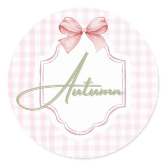 Personalized Autumn Baby Girl Nursery Bow&Gingham  Classic Round Sticker