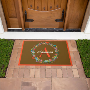 Personalized Autumn Colors Floral Wreath Earthy Doormat