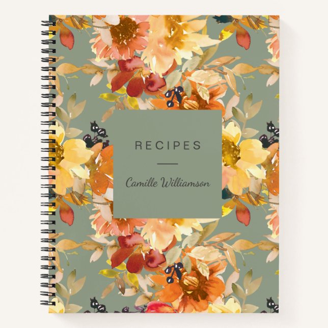 Personalized Autumn Floral Fall Sage Green Recipe Notebook (Front)