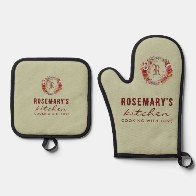 Personalized Autumn Florals Oven Mitt & Pot Holder Set (Front)