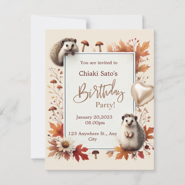 Personalized Autumn Hedgehog Birthday Invitation (Front)