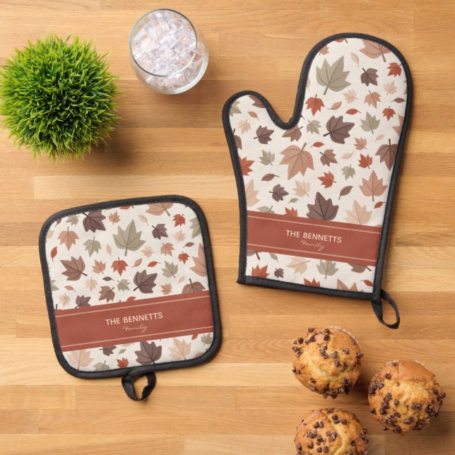 Personalized Autumn Leaves Oven Mitt & Pot Holder Set (Top Down)