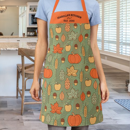 Personalized Autumn Pattern Pumpkin Leaves Chef Apron